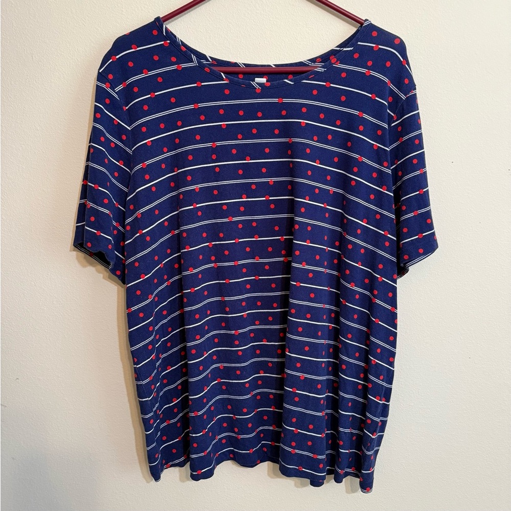 Denim & Co Navy Blue Dotted Stripe Women's Top 2X